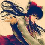  black_eyes black_hair hair_ribbon hakurei_reimu hanuu long_hair outstretched_arm outstretched_hand reaching ribbon solo touhou traditional_media 