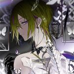  1boy blurry bug butterfly closed_mouth colored_inner_hair copyright_logo dear_vocalist depth_of_field ear_piercing expressionless from_behind green_hair grey_background hair_behind_ear half-closed_eyes logo looking_at_viewer male_focus medium_hair microphone momochi_(dear_vocalist) mullet multicolored_hair official_art piercing portrait purple_hair sidelocks solo straight_hair suou_(sdurorhr) swept_bangs topless_male 