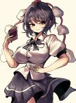 1girl absurdres black_hair black_ribbon breasts closed_mouth collared_shirt commentary cowboy_shot dot_nose hand_on_own_hip hat highres holding holding_notebook large_breasts looking_at_viewer notebook pointy_ears pom_pom_(clothes) puffy_short_sleeves puffy_sleeves red_eyes red_hat ribbon shameimaru_aya shirt short_hair short_sleeves skirt smile solo standing tengu tokin_hat touhou user_jnhm8724 white_shirt 