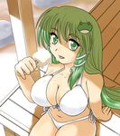  banbuu_(zeromugen) bikini breasts cleavage food frog_hair_ornament green_eyes green_hair hair_ornament ice_cream kochiya_sanae large_breasts long_hair sexually_suggestive side-tie_bikini snake solo swimsuit tongue touhou white_bikini 