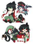  1other :3 :d absurdres animal_ears animal_nose aqua_fur blue_fur blue_hair blue_tail body_fur character_name closed_mouth dragon dragon_tail eastern_dragon_tail furry green_fur hat highres jejejunum lop_rabbit_ears multicolored_fur neck_fur original other_focus pawpads rabbit_ears red_eyes red_fur red_tail robin_(jejejunum) simple_background smile solid_oval_eyes solo tail white_background white_fur 