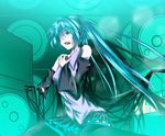  amputee android aqua_hair cable green_eyes hair_over_one_eye hand_on_own_chest hatsune_miku hiroaki_(huruhonya) long_hair open_mouth sitting solo tears thighhighs twintails vocaloid 