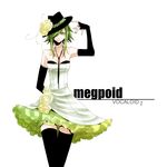  bare_shoulders black_gloves black_legwear dress elbow_gloves fedora fingerless_gloves flower frills gathers gloves green_eyes green_hair green_nails gumi haruma_(high_drop) hat jewelry nail_polish ring rose simple_background solo thighhighs vocaloid white_dress yellow_flower yellow_rose 