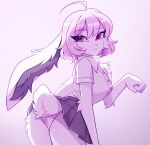 3rdperson_iz ahoge anthro bangs bottomwear butt cheek_tuft chest_tuft clothing colored digital_drawing_(artwork) digital_media_(artwork) eyebrows facial_tuft female fur hair hi_res lagomorph leporid long_ears looking_back mammal miniskirt panties pattern_bottomwear pattern_clothing pattern_panties pattern_underwear pink_eyebrows pink_eyes pink_hair pink_nose rabbit shaded shirt short_hair skirt solo striped_bottomwear striped_clothing striped_panties striped_underwear stripes tail topwear tuft underwear white_body white_clothing white_fur white_shirt white_topwear