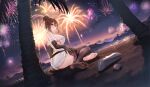  1girl absurdres aerial_fireworks arm_support ass azur_lane backless_dress backless_outfit black_thighhighs blush breasts brown_eyes brown_hair closed_mouth dead_or_alive dead_or_alive_xtreme dead_or_alive_xtreme_venus_vacation dress dutch_angle elbow_gloves feet fireworks from_side game_cg gloves hair_bun high_heels highres large_breasts looking_at_viewer misaki_(blooms_in_the_night_sky)_(doa) misaki_(doa) night non-web_source official_art outdoors palm_tree sideboob single_bare_foot single_thighhigh sitting solo sweater sweater_dress thighhighs tree venus_vacation_prism:_dead_or_alive_xtreme virgin_killer_sweater water 