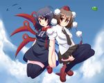  asymmetrical_wings bad_id bad_pixiv_id black_hair black_legwear brown_hair dress geta hat houjuu_nue multiple_girls nakaya red_eyes shameimaru_aya short_hair tengu-geta thighhighs tokin_hat touhou wings 