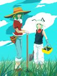  alternate_costume anna_(or) antennae cloud contemporary denim flower gloves grass hair_flower hair_ornament hat hoe jeans kazami_yuuka multiple_girls pants shovel straw_hat touhou wriggle_nightbug 