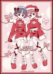  2girls :o acco_oekaki bare_shoulders black_bow black_eyes blue_eyes blue_hair bow braid chinese_clothes christmas closed_mouth commentary_request dress earrings full_body fur-trimmed_dress fur-trimmed_headwear fur_trim hair_bow hat highres holding_hands jewelry looking_at_viewer merry_christmas multiple_girls off_shoulder pink_background pink_hair ranma-chan ranma_1/2 red_dress red_shoes santa_costume santa_dress santa_hat shoes short_hair single_braid smile socks sphere_earrings tendou_akane white_socks 