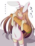  1girl animal_ears bad_id bad_pixiv_id brown_eyes brown_hair bunny_ears carrot china_dress chinese_clothes dress eating idolmaster idolmaster_(classic) idolmaster_2 long_hair minase_iori natsu_(anta_tte_hitoha) panties solo thighhighs underwear very_long_hair 