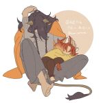  2boys animal_ears barefoot braid brown_hair cheka_kingscholar child commentary_request con_potata dark-skinned_male dark_skin facing_down full_body grey_sweater hand_on_another's_head knee_up leona_kingscholar lion_boy lion_ears lion_tail long_hair lying_on_lap male_focus multiple_boys orange_hair sitting sweater tail translation_request twin_braids twisted_wonderland uncle_and_nephew white_background 