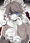  3boys :d absurdres ahoge aotsuki_eito blue_eyes cat_boy cat_tail character_doll chibi chibi_on_head chinese_commentary commentary_request dated doll gesshoku3 glasses gloves greyscale hatching_(texture) highres holding_chibi jacket linear_hatching lofter_username looking_at_viewer male_focus monochrome monster multicolored_hair multiple_boys multiple_persona on_head outline purple_eyes scratching_cheek short_hair smile speech_bubble spot_color streaked_hair sumino_takumi tail the_hundred_line_-last_defense_academy- upper_body 