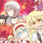  3girls alice_margatroid blonde_hair blue_eyes blush flower gap glasses hairband hands hands_clasped heart hetero kirisame_marisa long_hair monomi morichika_rinnosuke multiple_girls orange_eyes own_hands_together red_flower red_rose ribbon rose shanghai_doll short_hair silver_hair symbol-shaped_pupils touhou 