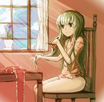  :3 alternate_hairstyle bad_id bad_pixiv_id bare_legs bottomless chair comb combing green_eyes green_hair hair_down hairdressing kagiyama_hina light_rays long_hair nosuku sitting sketch smile solo sunbeam sunlight touhou window 