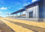  bench blue_archive blue_sky building cliff cloud day desert game_cg ladder no_humans non-web_source official_art outdoors perspective platform railroad_tracks ring_of_light_(blue_archive) sand scenery self-datamine sign sky sunlight train_station 