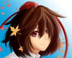  brown_hair face hat leaf leon_(mikiri_hassha) light_smile looking_at_viewer maple_leaf red_eyes shameimaru_aya short_hair smile solo touhou 