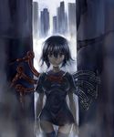  alley alternate_wings asymmetrical_wings black_hair black_legwear city highres houjuu_nue looking_at_viewer matsutake_umeo mechanical_wings red_eyes shirt short_hair solo standing taut_clothes taut_shirt thigh_gap thighhighs touhou wings zettai_ryouiki 