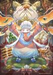  1other alcohol bib blue_boots boots chef_hat chili_pepper coat commentary dual_wielding english_commentary final_fantasy final_fantasy_ix fish food fork frog full_body hat highres holding holding_fork micehellwd mushroom onigiri pink_coat quina_quen shrimp shrimp_tempura standing tempura tongue tongue_out wine 