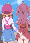  2girls ahoge akechi_anna artist_logo ass beret blouse blue_skirt blue_sky building clothes_lift cloud crotch_seam day double_bun facing_away female_pervert from_behind hair_bun hair_ribbon hat highres jacket kobayashi_mikuru lifting_another's_clothes logo long_sleeves low_twintails meitantei_precure! miniskirt multiple_girls orange_hair outdoors panties pervert pink_shirt pleated_skirt precure purple_hair purple_hat purple_ribbon rdmai red_jacket red_skirt ribbon shirt short_hair side-by-side skirt skirt_lift sky standing textless_version twintails two_side_up underwear white_panties 