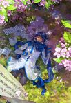  bad_id bad_pixiv_id beamed_sixteenth_notes biiji blue_hair blue_scarf closed_eyes eighth_note flower from_above half_note kaito lying male_focus musical_note on_back petals quarter_note scarf sheet_music sleeping smile solo vocaloid 