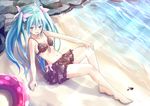  arm_support barefoot beach bikini blue_hair day feet green_eyes hair_ribbon hangetsuakibarika hatsune_miku innertube legs long_hair navel outdoors ribbon sitting smile solo swimsuit twintails vocaloid water 