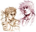 bad_id bad_pixiv_id clenched_hand dougi faux_traditional_media headband ken_masters male_focus manly monochrome multiple_boys muscle ryuu_(street_fighter) serious sketch smile street_fighter tsunetarou_(yasu) 