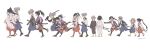  2boys absurdres age_progression armor black_hair blue_hakama bow_(weapon) commentary_request full_body grey_hair hakama hakama_pants highres holding holding_bow_(weapon) holding_weapon houjou_tokiyuki_(nige_jouzu_no_wakagimi) japanese_armor japanese_clothes kariginu kote long_hair long_sleeves male_focus multiple_boys nezu_kojirou nige_jouzu_no_wakagimi pants puffy_long_sleeves puffy_sleeves red_hakama red_sash running sandals sash sword tacotaco_73 twitter_username walking weapon white_background wide_sleeves 