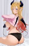 1girl absurdres areola_slip ass back black_horns black_panties blonde_hair blue_eyes blush breasts clothes_lift commentary_request convenient_tail crossed_arms demon_girl demon_horns demon_tail demon_wings from_behind highres hololive horn_ornament horns lace-trimmed_panties lace_trim large_breasts lifting_own_clothes long_hair looking_at_viewer looking_back median_furrow multicolored_hair panties parted_lips pink_sweater pointy_ears ribbed_sweater sitting solo sweater sweater_lift tail thighs tomo0843 underwear undressing virtual_youtuber winged_heart wings wings_through_clothes yuzuki_choco 