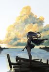  bare_shoulders barefoot black_wings blue_eyes cloud day dock dress dress_lift glowing glowing_eyes highres long_hair looking_back original outstretched_arm pier scar silver_hair single_wing sky solo tiptoes water wind wind_lift wings yunar 