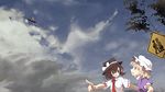  cloud gap looking_up maribel_hearn mieharu multiple_girls pointing road_sign sign sky touhou usami_renko yakumo_yukari 