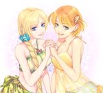  alternate_hair_length alternate_hairstyle ashihara_chihiro blonde_hair blue_eyes braid breasts cleavage green_eyes halter_top halterneck hands harukanaru_toki_no_naka_de harukanaru_toki_no_naka_de_2 harukanaru_toki_no_naka_de_4 holding_hands kiske large_breasts lips long_hair medium_breasts midriff multiple_girls navel orange_hair see-through single_braid smile strapless takakura_karin tubetop 