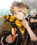  3boys animal_ears bandana bandana_around_neck black_gloves blonde_hair blue_eyes brown_hair brown_shirt carrying carrying_over_shoulder carrying_person character_name commentary_request con_potata fingerless_gloves gloves holding holding_marker hyena_boy hyena_ears index_finger_raised jack_howl leona_kingscholar looking_at_viewer male_focus marker multicolored_hair multiple_boys outdoors ruggie_bucchi savanaclaw_dorm_uniform shirt short_hair single_glove twisted_wonderland upper_body wolf_boy wolf_ears writing yellow_bandana 