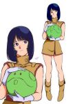  1girl aeug belt black_hair blue_eyes boots commentary_request dress fa_yuiry gloves gundam haro highres holding medium_hair military_uniform pgmajimaji science_fiction simple_background sleeveless white_background white_gloves zeta_gundam 