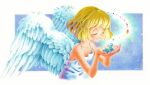  1girl angel angel_wings bare_shoulders blonde_hair blush closed_eyes colored_pencil_(medium) commentary_request cupping_hands dress feathered_wings flat_chest highres kouchi_rinoko original own_hands_together short_hair sky smile solo star_(sky) starry_sky traditional_media upper_body water white_dress white_wings wings 