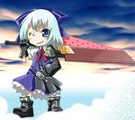  1girl advent_cirno blue_eyes blue_hair boots bow cirno gengorou parody short_hair solo sword touhou weapon wings 
