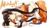  arancia bad_id bad_pixiv_id black_hair character_name food fruit long_hair lying midriff orange orange_skirt original skirt smile solo twintails uhouho14 white_background 