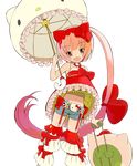  animal_ears animal_themed_umbrella bow brown_eyes cat_ears denim denim_shorts dress garters hair_bow hello_kitty hello_kitty_to_issho! highres jpeg_artifacts long_hair navel nekomura_iroha okama parasol pink_hair ponytail short_shorts shorts solo thighhighs transparent_background umbrella vocaloid 