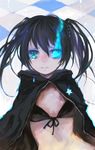  aqua_eyes bangs bikini_top black_hair black_rock_shooter black_rock_shooter_(character) blue_eyes burning_eye checkered coat enamel front-tie_top glowing glowing_eyes hood hooded_jacket jacket lowres midriff solo star tears twintails uneven_twintails zipper 