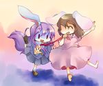  animal_ears barefoot blazer brown_hair bunny_ears chibi feet inaba_tewi jacket long_hair multiple_girls necktie pleated_skirt purple_hair reisen_udongein_inaba rotan short_hair skirt touhou 