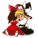  bad_id bad_pixiv_id blonde_hair blush comforting hachi_(8bit_canvas) hakurei_reimu kirisame_marisa multiple_girls ribbon sitting tears touhou wariza white_background 