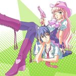  1girl arm_support blonde_hair blue_eyes blue_hair blush boots bow brown_eyes couple cowboy_boots cowboy_hat curly_hair frown gun hair_ornament hairpin handgun hat hetero human_chair human_furniture jewelry leg_lift legs long_hair macross macross_frontier necktie nishiwaki one_eye_closed open_mouth petticoat pink_hair ponytail revolver saotome_alto sheryl_nome sitting sitting_on_person thighhighs weapon western 