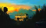  braid bus car child cloud double-decker_bus graffiti grass ground_vehicle hat highres kuchibiru_(lipblue) lamppost motor_vehicle multiple_girls on_vehicle original road_sign scenery sign sky sunset telephone_pole twilight twin_braids 