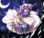  :&lt; bow flying hat moon night nightgown patchouli_knowledge purple_eyes purple_hair ribbon socks solo striped striped_legwear tajima_yuuki touhou 