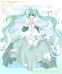  ahoge aqua_eyes aqua_hair dress feathers frilled_legwear frills gloves hatsune_miku jumping long_hair solo thighhighs twintails usagi_(usagi_1221) very_long_hair vocaloid white_legwear zettai_ryouiki 