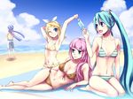  3girls aqua_eyes armpits barefoot beach bikini blonde_hair blue_eyes breasts cleavage day food front-tie_top green_hair hatsune_miku kagamine_rin kaito long_hair lying megurine_luka multiple_girls navel on_side one_eye_closed open_mouth outdoors pink_hair polka_dot polka_dot_bikini polka_dot_swimsuit popsicle project_diva project_diva_(series) seiza short_hair side-tie_bikini sitting smile stretch striped striped_bikini striped_swimsuit swimsuit swimwear_(module) touyama_sabu twintails vocaloid 