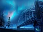  aurora blue bridge building city deer landscape night no_humans original pine_tree scenery seo_tatsuya skyscraper star tree wallpaper water 