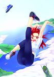  bad_id bad_pixiv_id blue_legwear cloud day falling fang highres lake landscape leg_up leggings open_mouth original red_eyes red_hair shoes short_hair sky sneakers solo spandex tsuki_tokage 