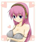  bare_shoulders blue_eyes blush breasts camisole cleavage crossed_arms headphones headset heart large_breasts long_hair megurine_luka pink_hair solo strap_slip tetora_(kari) vocaloid 
