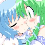  blue_hair blush closed_eyes geetsu green_eyes green_hair kochiya_sanae long_hair multiple_girls short_hair tatara_kogasa touhou yuri 