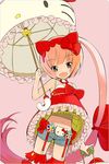  animal_ears animal_themed_umbrella bow brown_eyes cat_ears denim denim_shorts dress garters hair_bow hello_kitty hello_kitty_to_issho! long_hair navel nekomura_iroha okama parasol pink_hair ponytail short_shorts shorts solo thighhighs umbrella vocaloid 