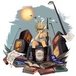  aqua_eyes bikini_top bird blonde_hair book boots chin_rest enamel flat_chest glasses gun hair_ribbon head_wings kagamine_rin map noroi_no_megane_(vocaloid) ribbon rifle short_hair shorts sitting solo television vocaloid weapon 